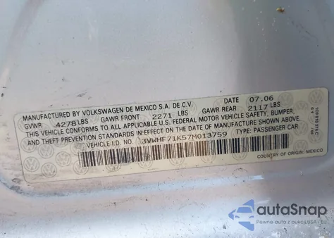 2007 Volkswagen Jetta 2.5 z USA, uszkodzony, nr VIN 3VWHF71K57M013759